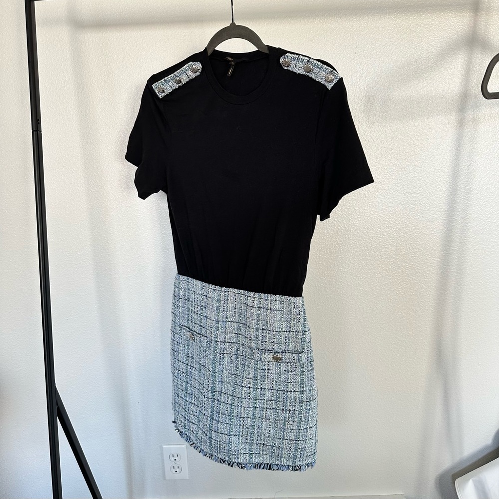 Black and blue Tweed Dress with Embellished Shoulders